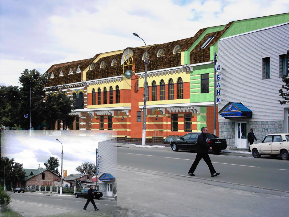 3D rendering (with existing photo situation) - Nezalezhnosty street reconstruction Kovel Ukraine - Public buildings - Projects - Parchitects title