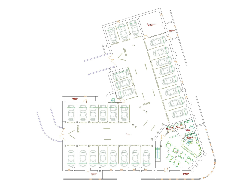 Underground floor plan with car parking and cafe - Blocked residential house Kovel Ukraine - Residential buildings - Projects - Parchitects title